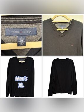 Men's Tommy Hilfiger XL 46 - 48 V-Neck Knit Sweater Black Pullover Lightweight